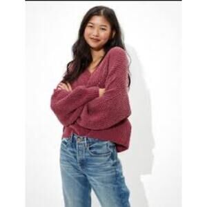 AEO American Eagle Women's Small Chenille V-Neck Sweater burgundy Red